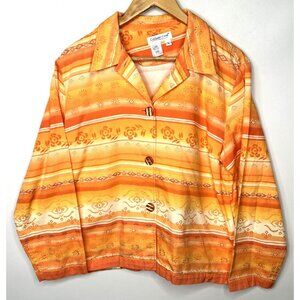Coldwater Creek Shirt Floral Stripe Button Up Collared Cotton Orange Size Large